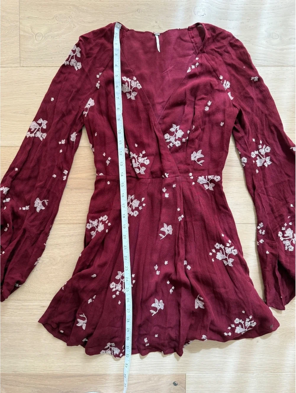 Free People Jasmine Burgundy Floral Mini Dress Size 0 Bell Sleeve